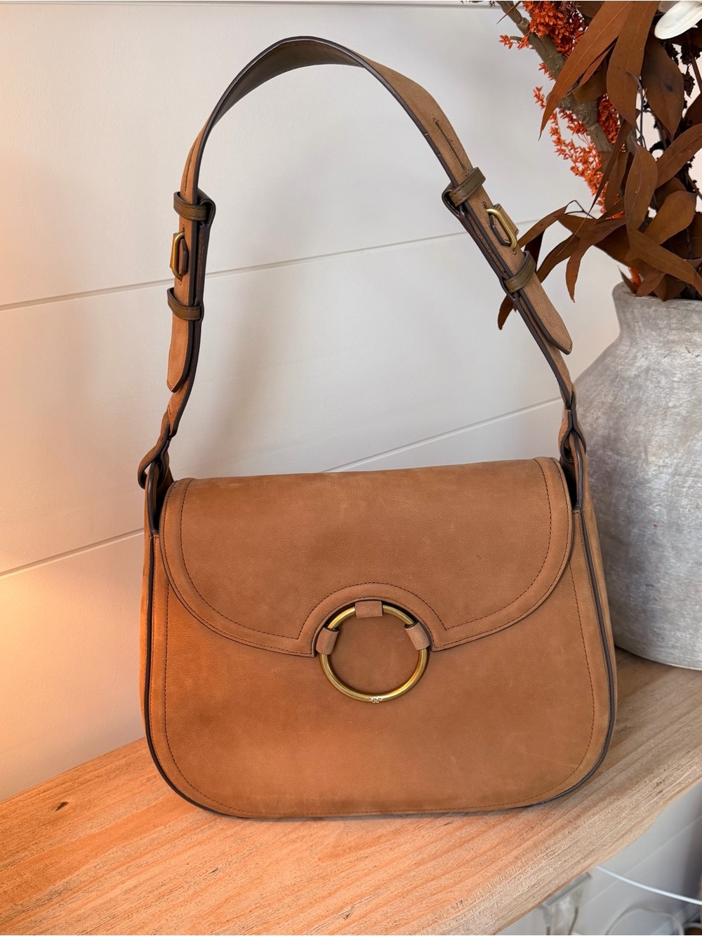 Tory Burch Saddle Shoulder Bag in Tan with Brass Ring